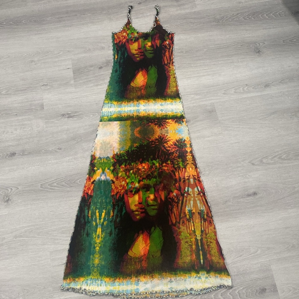 Vintage Runway Jean Paul Gaultier Psychedelic Tahiti Bodycon Mesh Maxi Dress